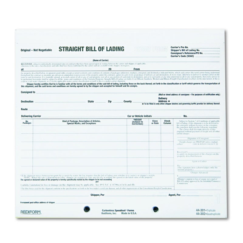 Rediform Bill of Lading, Snap-A-Way Design, Carbonless Triplicate Forms, 8.5" x 7", 250 Freight Forms (44301) - Image 1